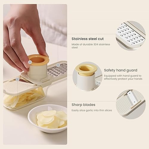 Miniatura 5 de Molinillo de ajo multifuncional, mini rebanador de ajo, molinillo de jengibre, mandolina multifuncional 3 en 1, rebanar y triturar con protector de