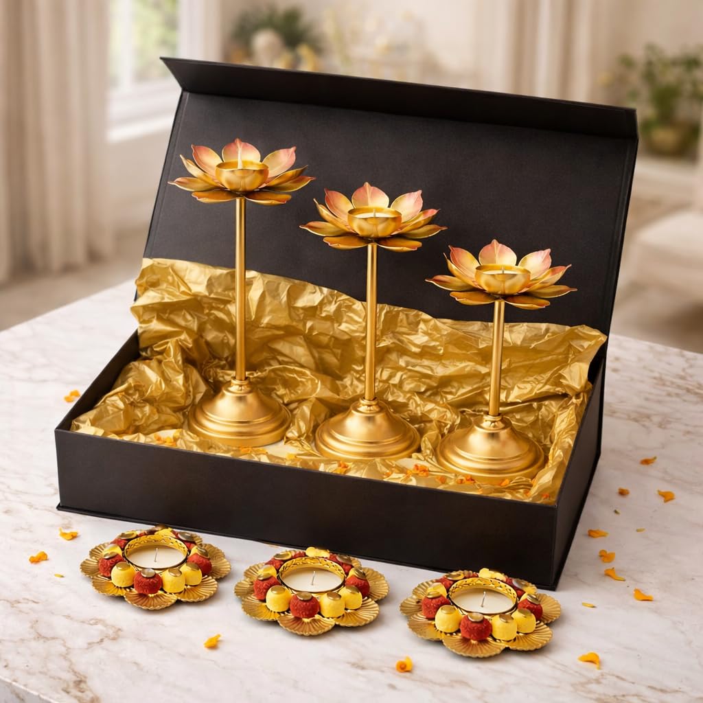 Gold Lotus Tealight Set - Diwali Pooja Decoration -9 Gold Lotus Tealight Set - Diwali Pooja Decoration -9