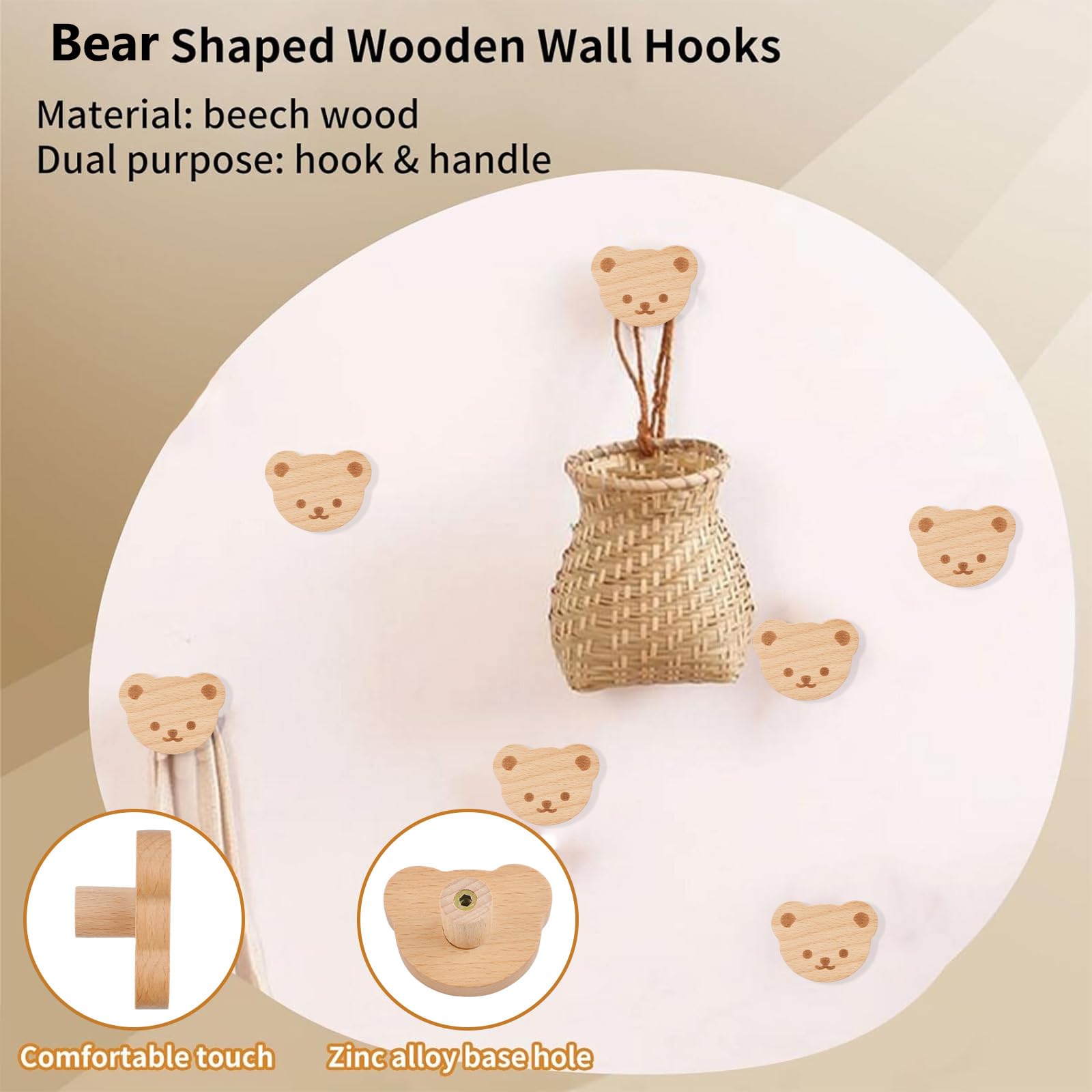 MOROBOR 4 piezas de pomos de madera en forma de oso con un solo orificio, asas de madera de haya para armario de madera, pomos de madera para cajones de cómoda con tornillos y tubo de expansión