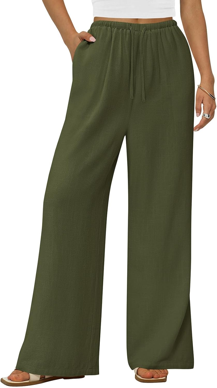 PRETTYGARDEN Summer Wide Leg Linen Pants Women with Pockets High Waist Drawstring Loose Casual Palazzo Lounge Pants Women