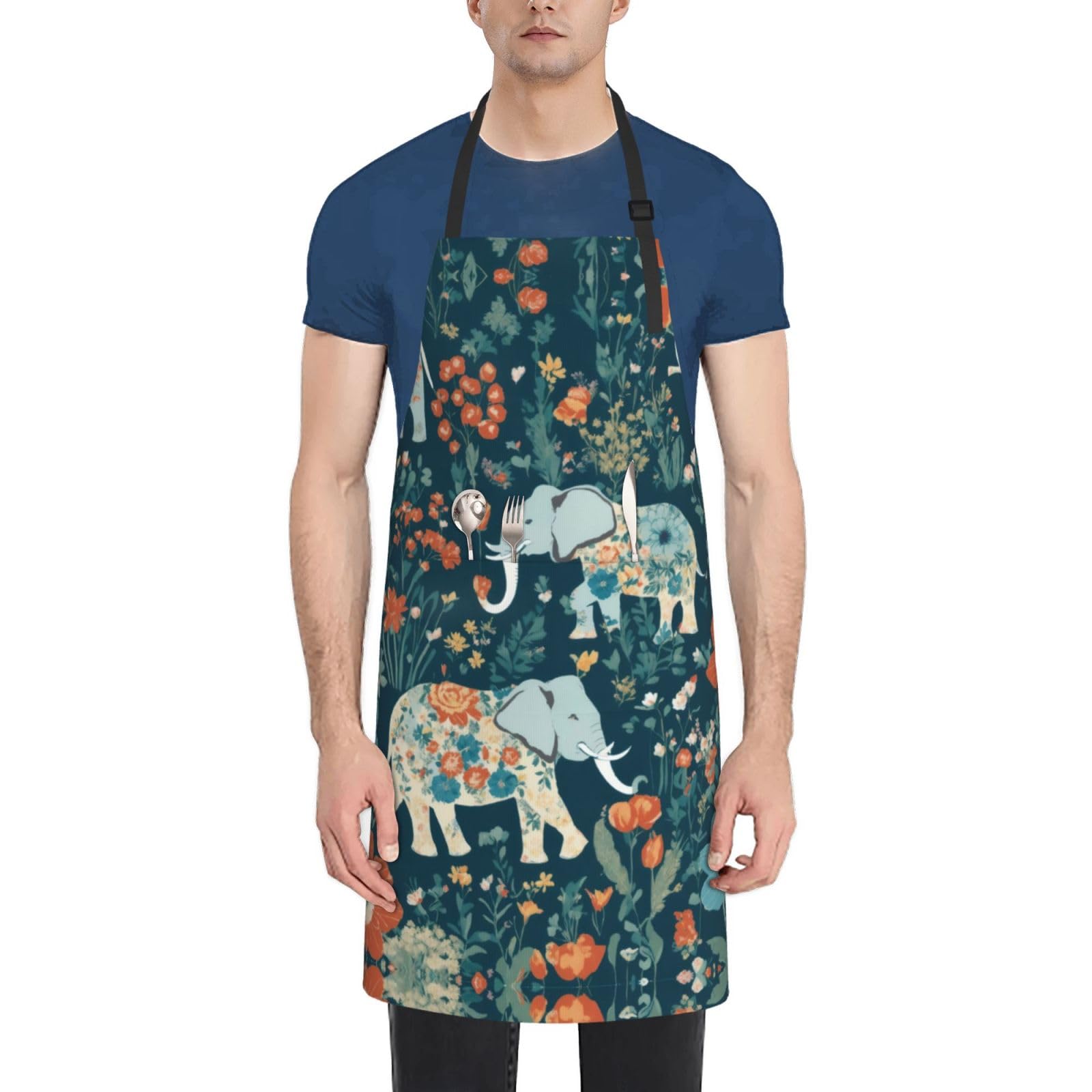 Httup Unisex Black Gorgeous Meadows Pattern With Floral Elephant In Print Laundry Apron 28X33 In Waterproof Kitchen Apron With Pockets For Cooking Baking, One Size, One Size