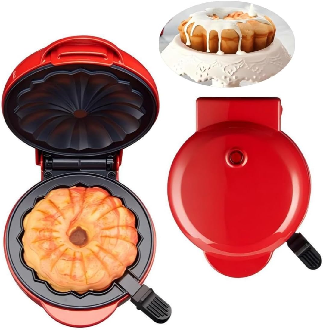 Cake Maker Machine for Lava Cake, Mini Donuts, Waffles, Pancakes - Breakfast, Snacks, Desserts - Non-stick Surface, Double-sided Heating, Red