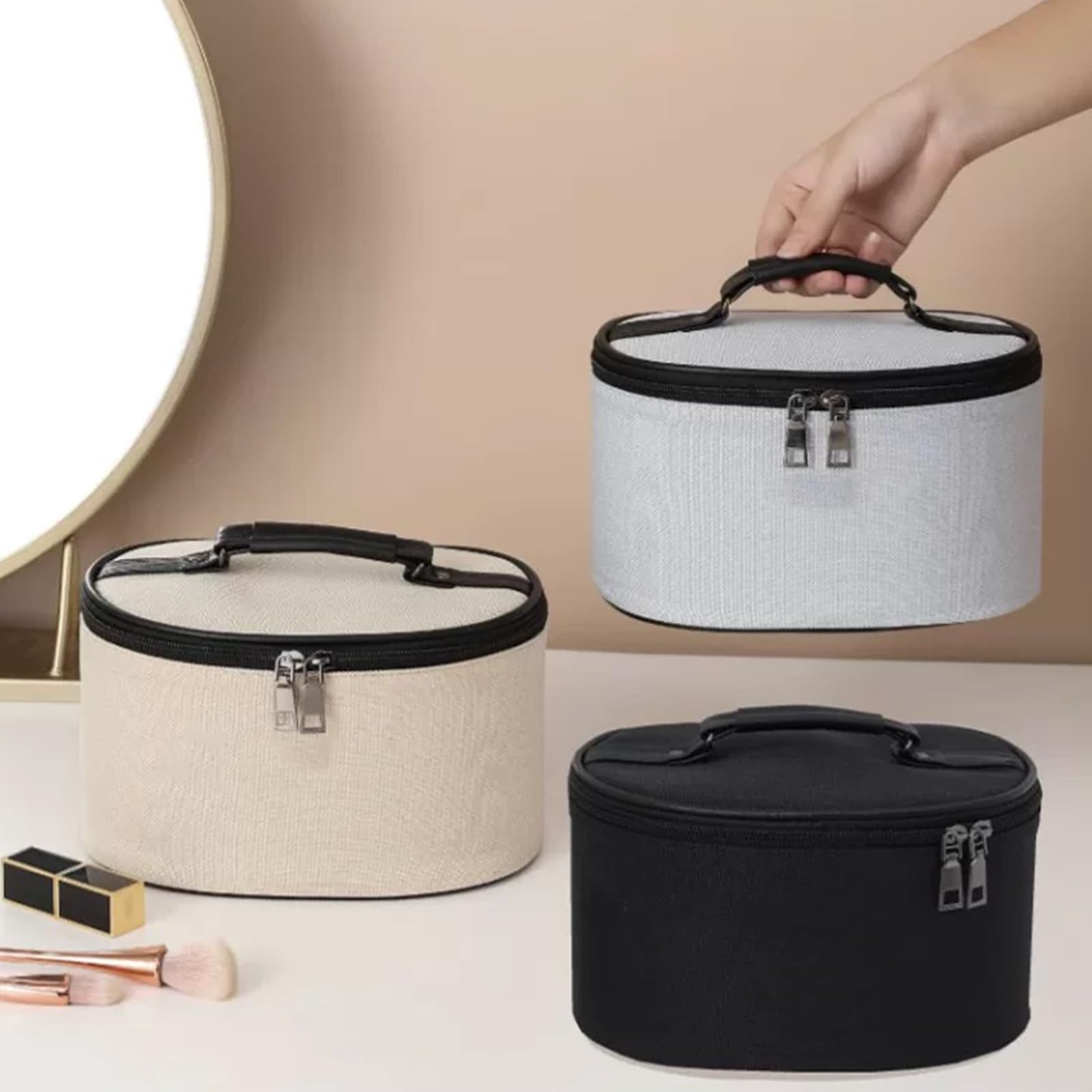 Borsa per Il Trucco, Pochette Trucchi Portatile da Donna, Guscio Rigido Rinforzato, Chiusura a Cerniera, Facile Accesso, Scomparti Interni, Struttura Definita e Capiente(White)