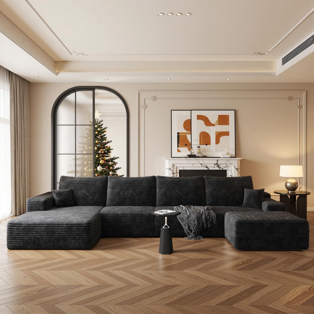 Boneless Couch, Modular Sectional Couches for Living Room, U-Shaped Cloud Couch Sofa with Deep Seat, Fluffy Corduroy Upholstered Corner Sofa