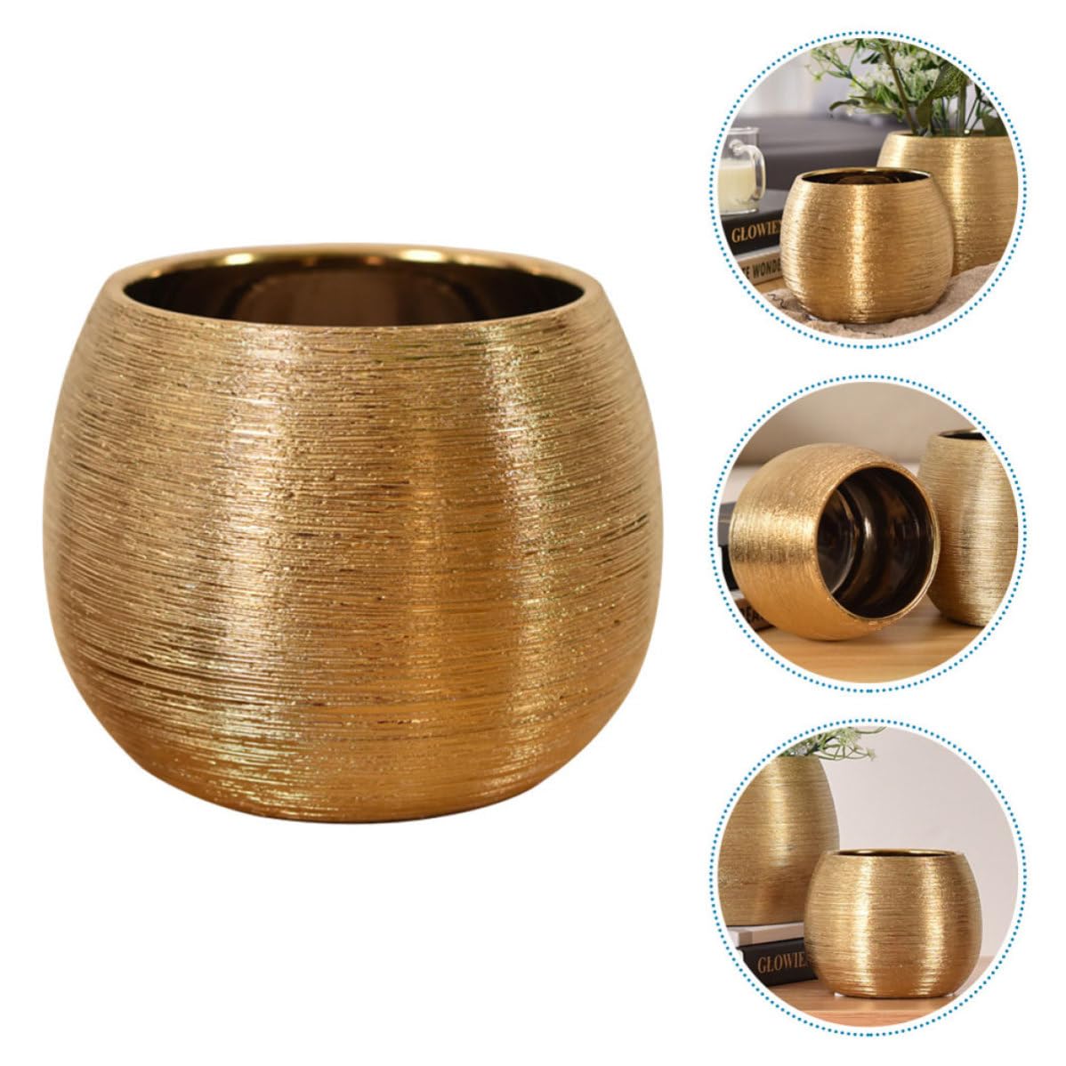 Pot de Fleurs Rond en Céramique Plaqué Or pour Plantes Succulentes, Élégant et Décoratif, pour Maison et Bureau
