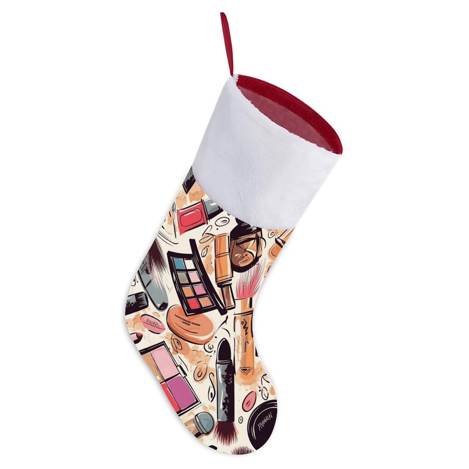 Cosmetic and Makeup Theme Pattern Christmas Stocking, 16.5 Inch Festive Themed Socks Personalized Hanging Stockings Large Super Soft Xmas Stocking for Xmas Tree Mantel Party Decor