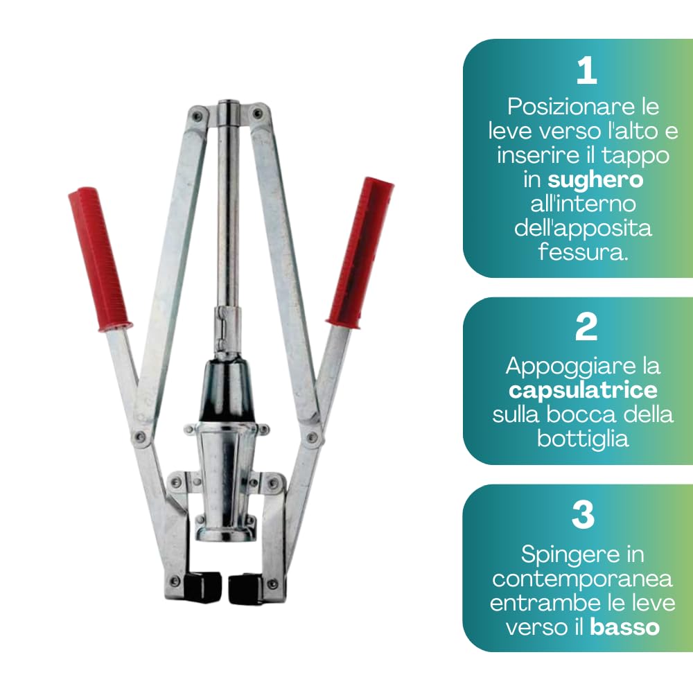 VIRSUS Tappatrice per Tappi in Sughero a 2 Leve VES140, Capsulatrice Manuale Doppia Leva per Tappi in Sughero con Ø 24mm e Altezza 33-38 mm per imbottigliare Bottiglie Vino, Birra, Made in Italy