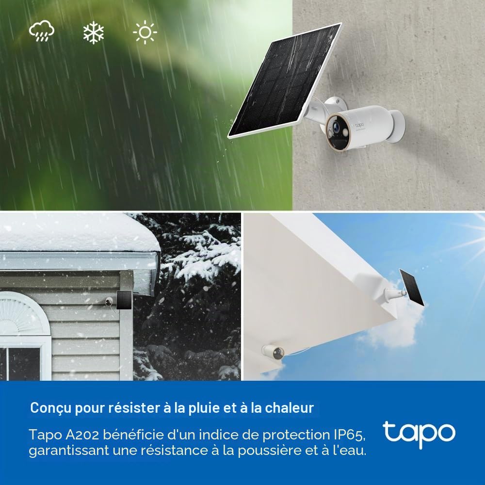 Tapo Le panneau solaire A202 fonctionne avec toutes les caméras Tapo à batterie, charge solaire haute efficacité jusqu'à 4,5 W, cellules en silicium monocristallin, IP65, angle réglable à 360°