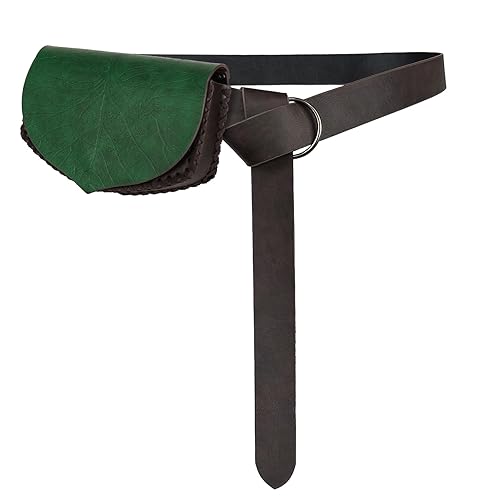 HiiFeuer Medieval Leaf Belt Bag with Belt, Botanical Faux Leather Waist Pack, Renaissance Portable Side Pouch for Ren Faire (Green A) - Green A