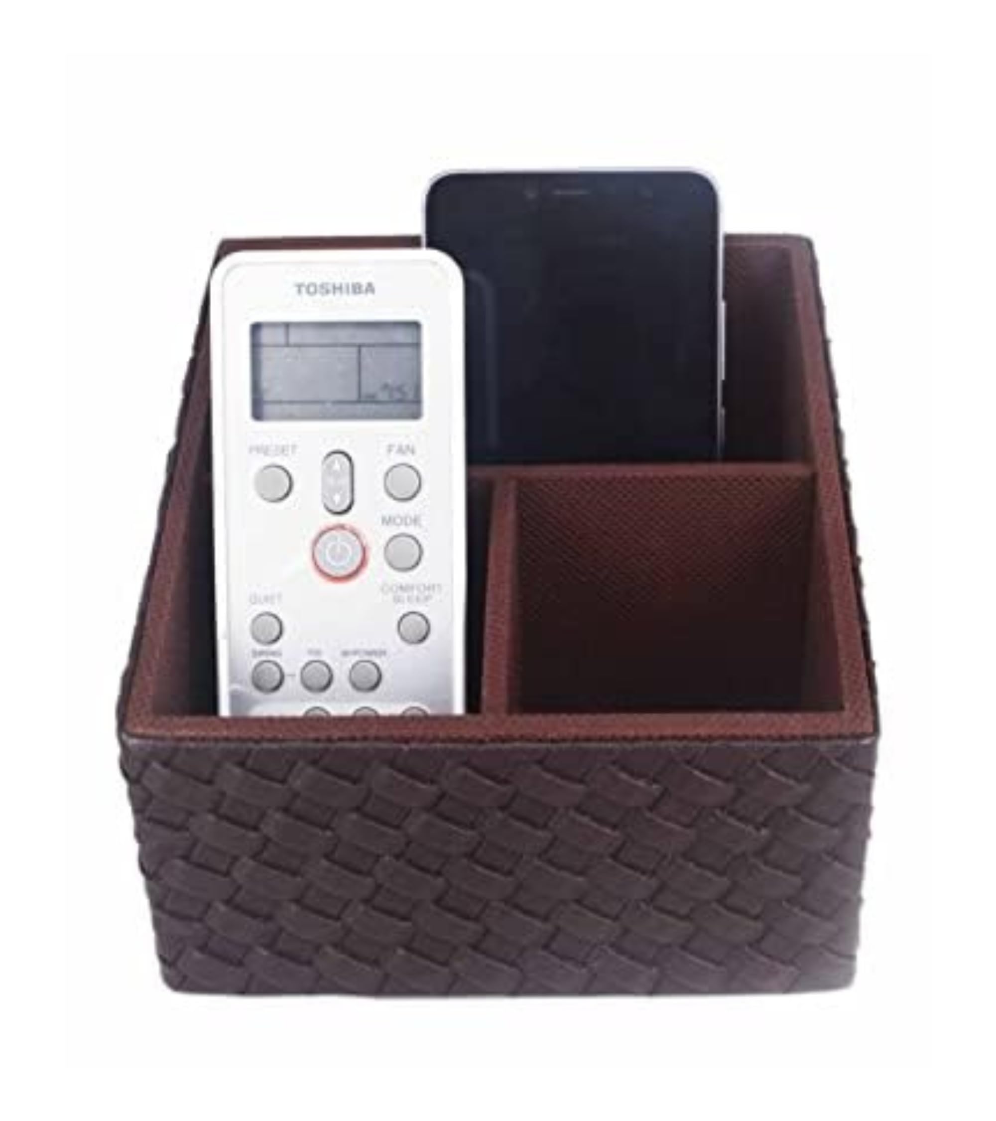 PremsonsArtificial Leatherette Square Shaped 3 Section Remote Holder with Woven Pattern - Brown