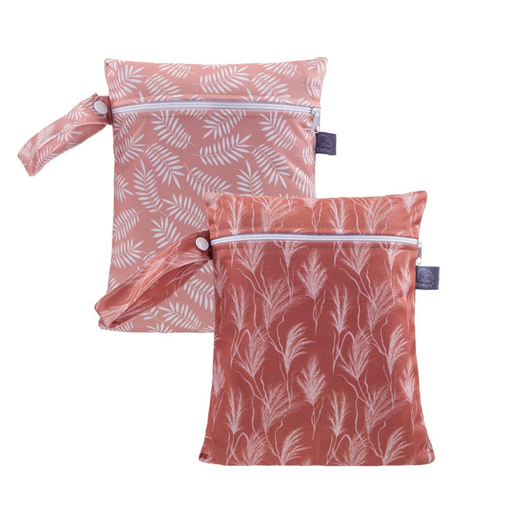 Treer Wet Dry Bag 2 PCS Baby Cloth Nappy Bag Washable Reusable Hanging Baby Diaper Bag with Zipper, Fashion Print Waterproof Organizer Bag for Daycare Travel Beach Pool (18x25cm,Pink Leaves)