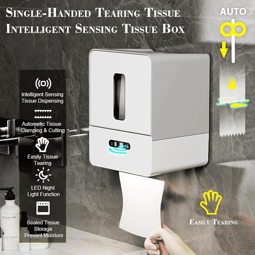 Distributeur de Papier Toilette Intelligent sans Contact, Distributeur de Serviettes en Papier à Capteur Électronique, avec Veilleuse, Chargement USB