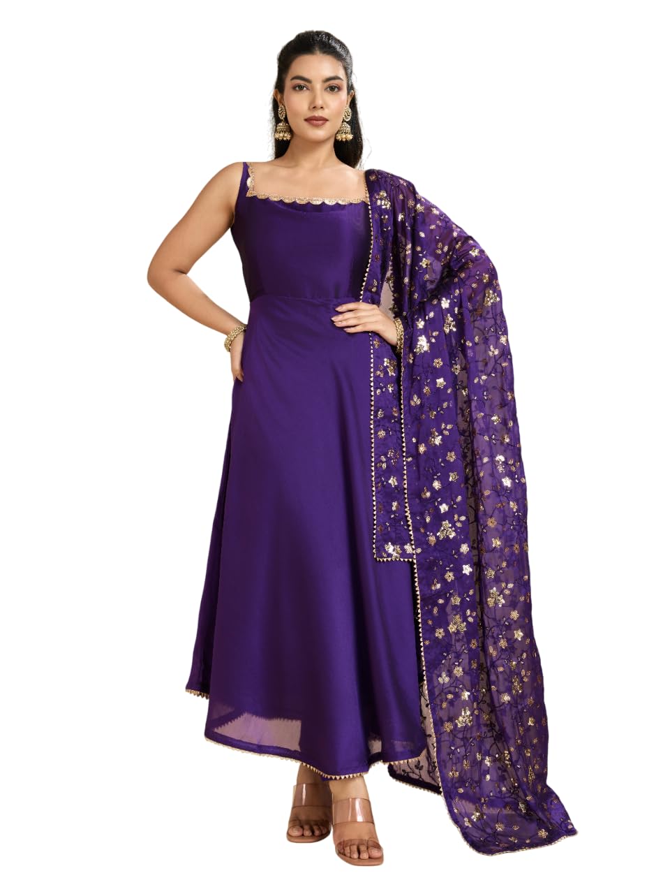 ufb Purple Anarkali Kurta with Embroidered Dupatta, Sleeveless Square Neck Design-picture-25