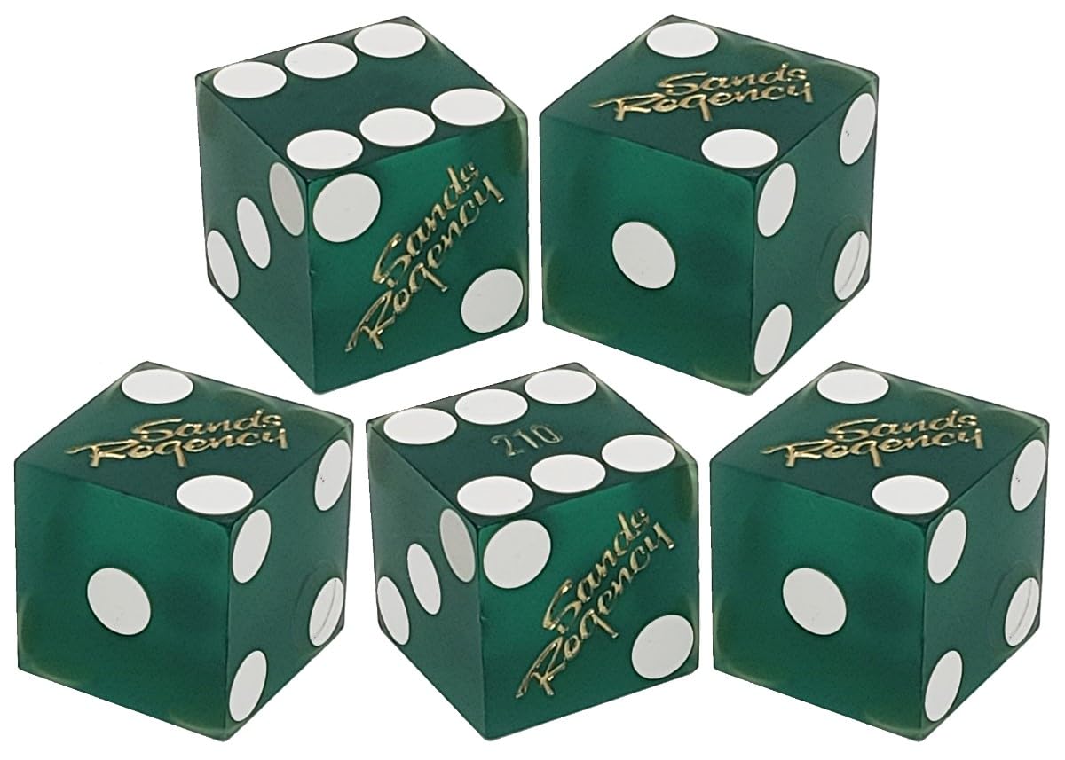 Authentic Lake Tahoe Reno Nevada Non-Vegas Casino Table-Played Craps Dice Set with Pouch, Full Stick of 5 Matching Serial Numbers (Reno Sands Regency - Green Frosted)