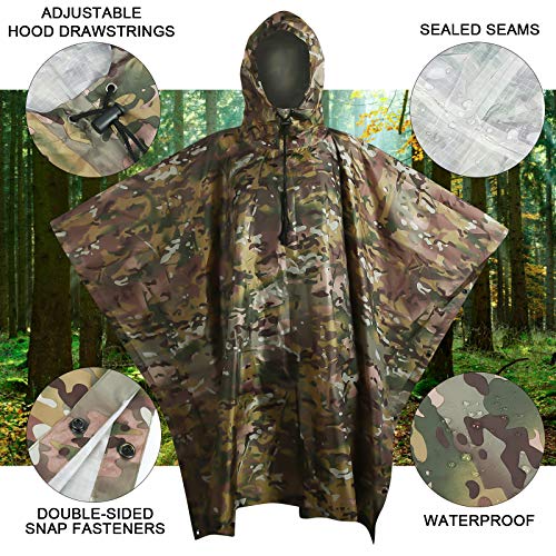 Fousam Camo Poncho, Waterproof Ripstop Hooded Raincoat Lightweight Packable Rain Cover for Hunting Camping Backpacking Emergency Tent Shelter Cp Woodland
