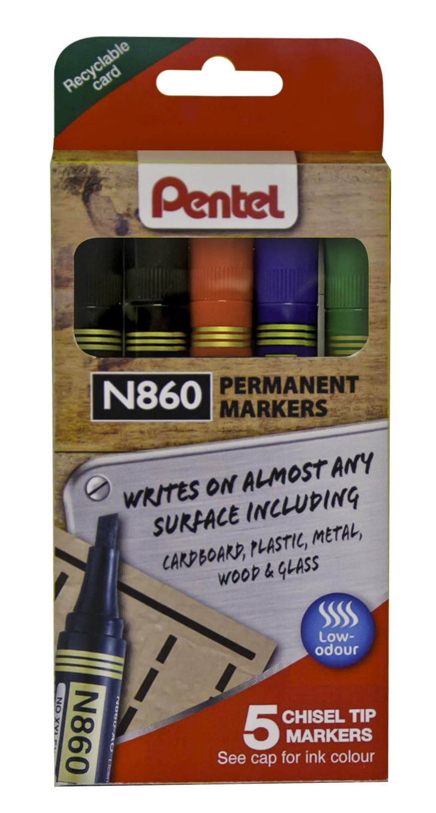 Pentel N860 Permanent Marker Chisel Tip Pack of 5