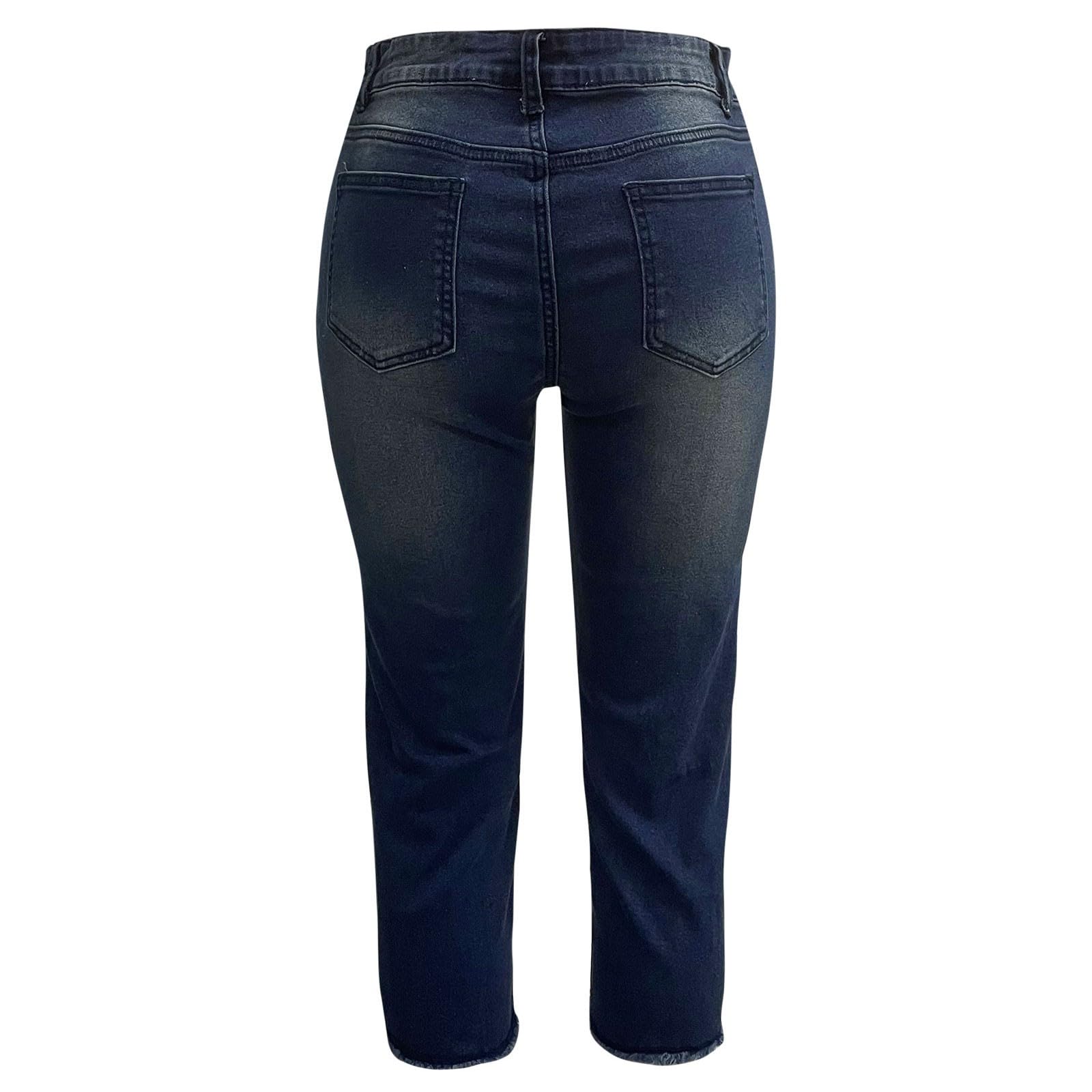 Caprihose Damen Sommer Jeanshose Slim Fit Fransen Saum Jeans 3/4 Hose Stretch Leggings Mit Taschen Denim Hosen Freizeithose Einfarbig Sommerhose Bequem Atmungsaktiv Figurbeton Casual Jeanshosen