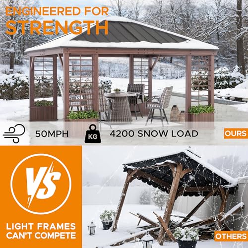 SUNJOY 13 x 15 ft. Hardtop Gazebo Outdoor Aluminum Framed Black Steel Roof Gazebo Backyard with Planters and Ceiling Hook - Image 5