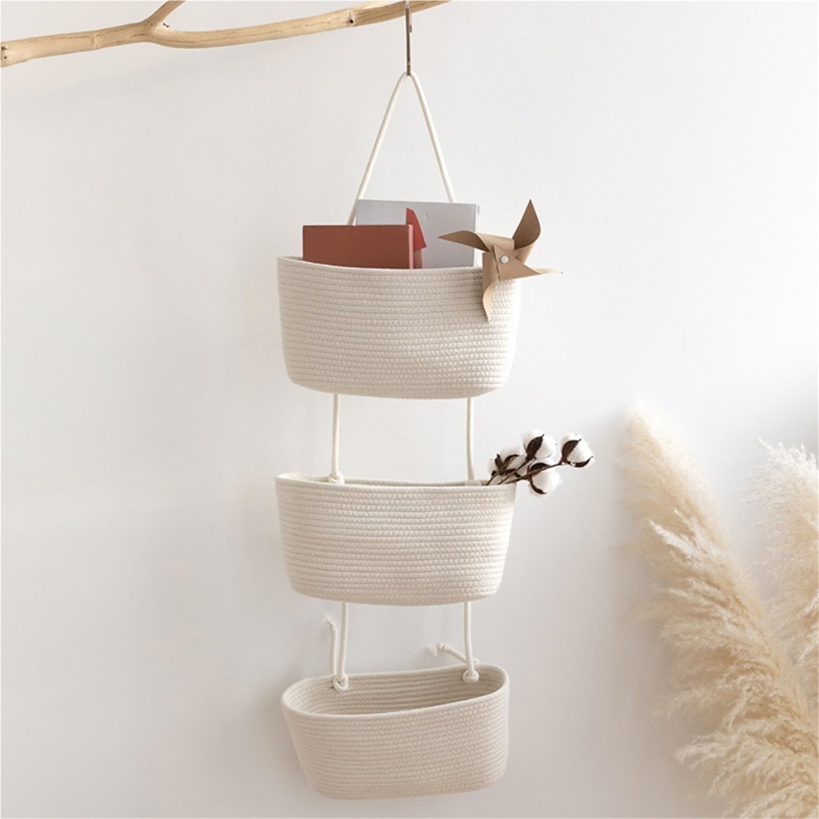 Cesta de almacenamiento for colgar en la pared 3 capas, bolsa multiusos for puerta sin perforaciones, bolsas colgantes tejidas a mano Para Hogar(Khaki)