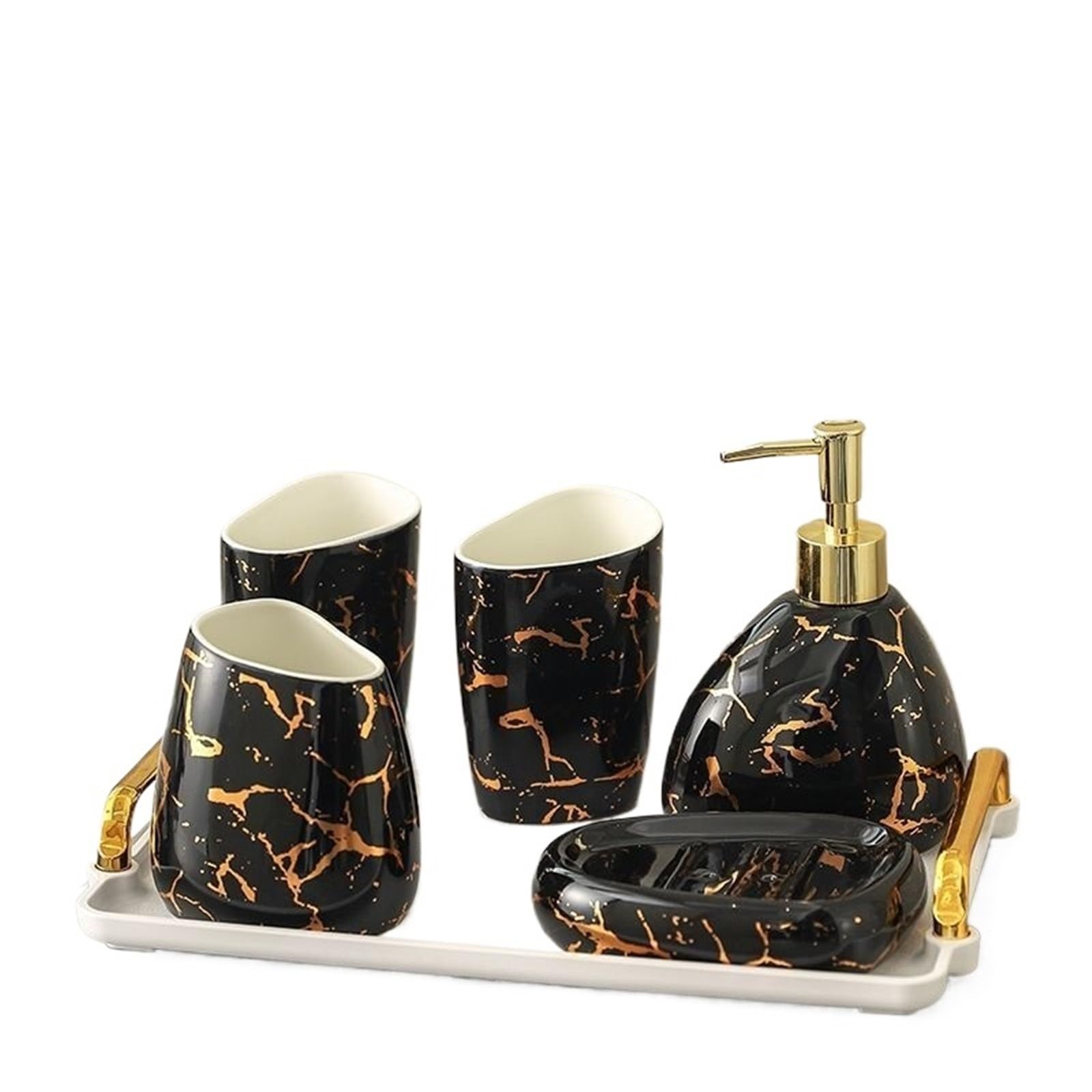 Soap Dish Set Exquisite Gold Plated Black Ceramic Bathroom Set Lotion Bottle Soap Dispenser Household Mouthwash Accessories(Color8)