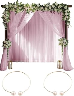 Juego de 2 cortinas de tul para telón de fondo de boda con hebillas de cortina para decoraciones románticas (rosa)