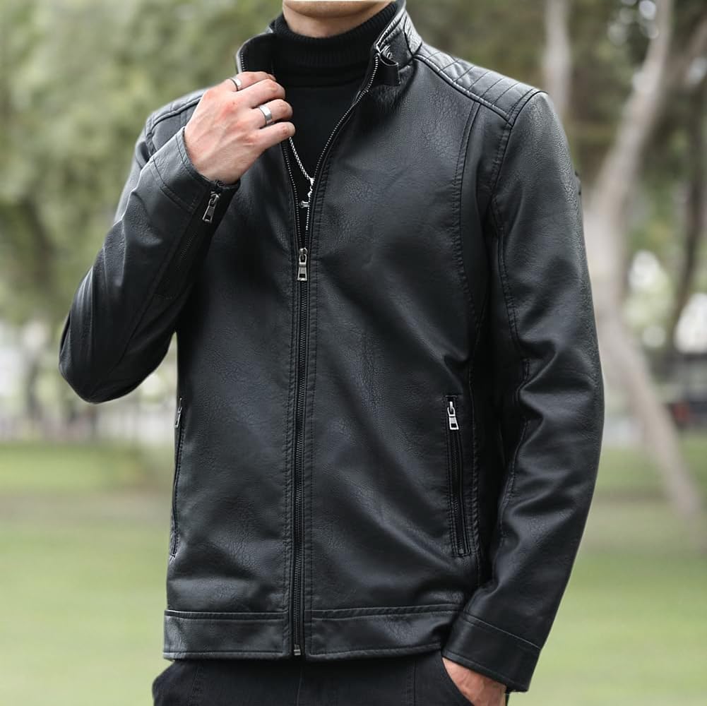 Mens Casual Stand Collar Faux Leather Jacket Biker Motorcycle Jackets - Image 10