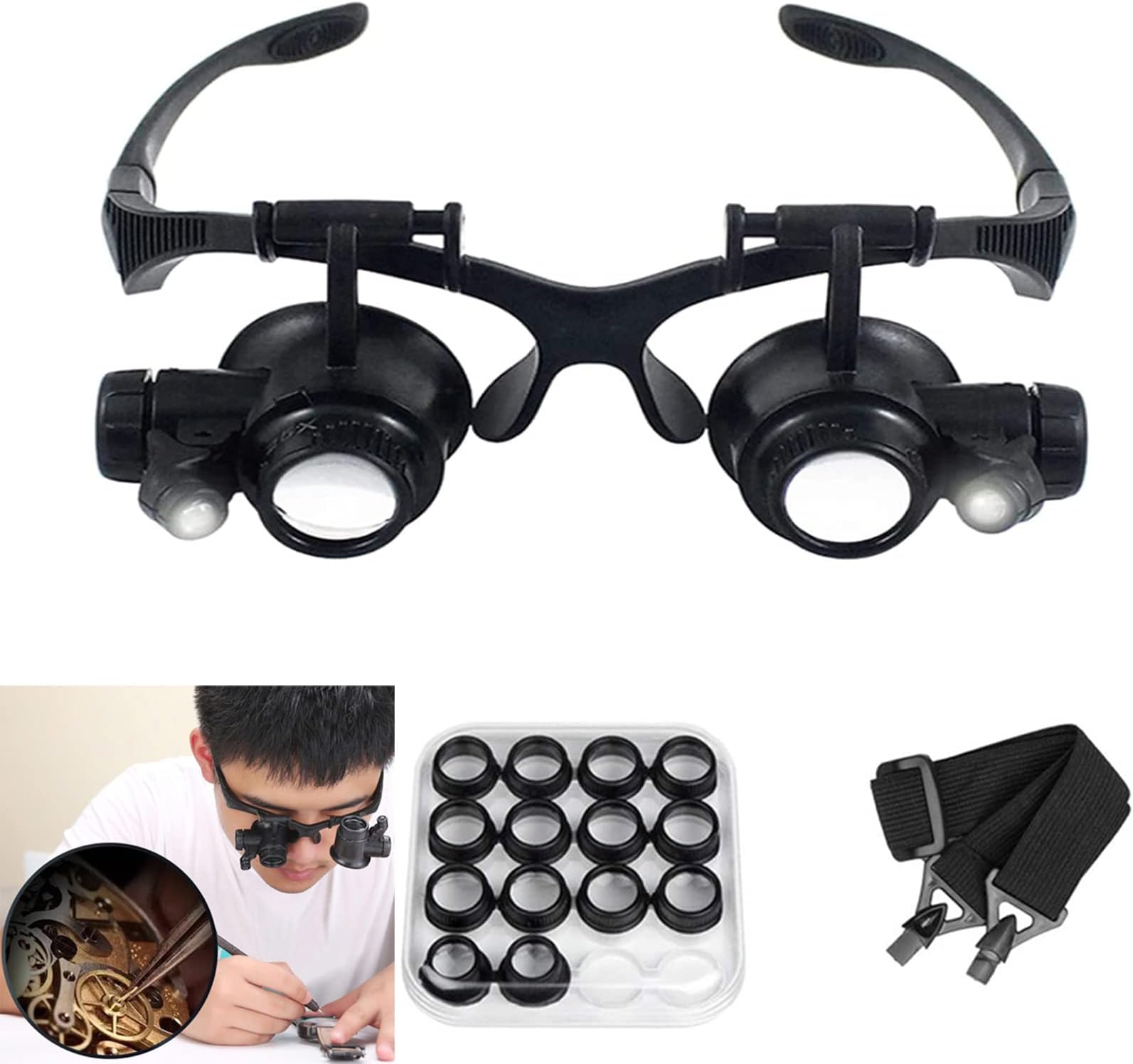 Magnifying Glasses with LED Light, Jeweler Loupe Watch Repair Magnifier with 8 Interchangeable Lens-2.5X 4X 6X 8X 10x 15x 20x 25x for Close Work