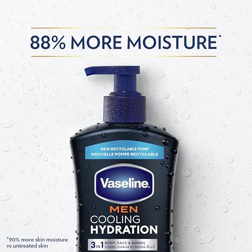 Image of Vaseline Men Cooling Hydration 3-in-1 4 Pack for Dry Skin Face, Hands & Body Lotion for Men with Menthol & Ultra-Hydrating Lipids 20.3 oz