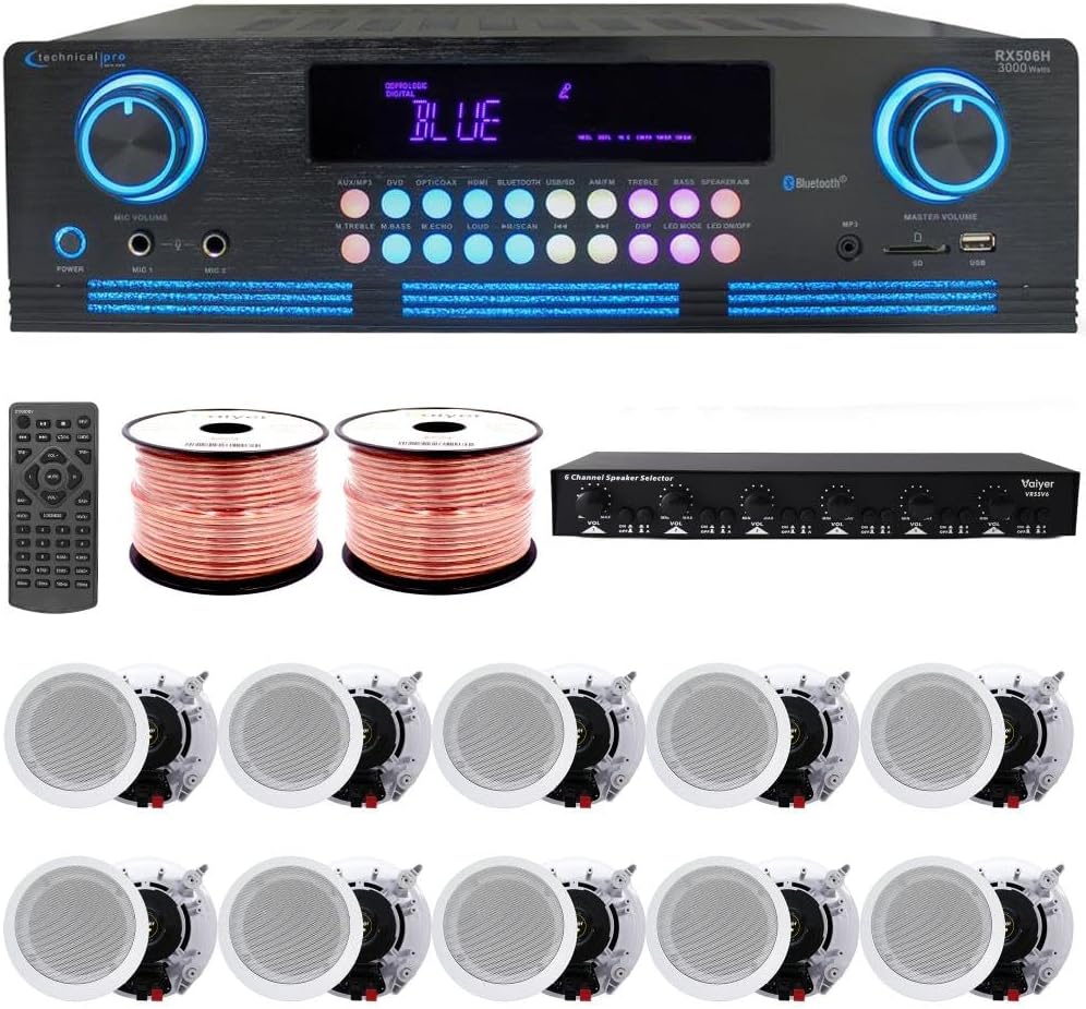 Home Audio System Kit - 2000 W Bluetooth Amplifier w/ 10 Qty of 5.25" Framed Ceiling Speakers 175 W Each, 6-Ch Speaker Selector w/Volume Control, 500 ft Speaker Wire & Remote - Vaiyer