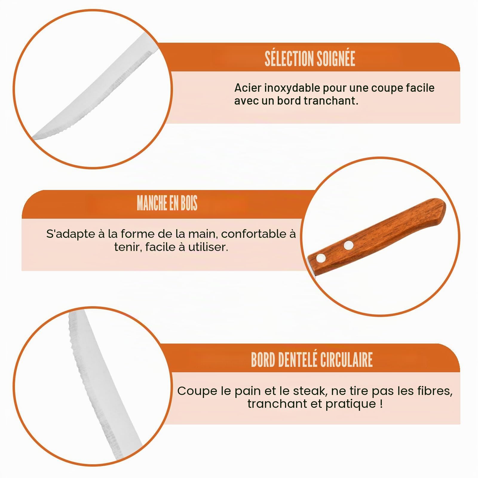 BAIFULAI Lot de 24 couverts pour steak, en acier inoxydable, avec manche en bois, set de couteaux et fourchettes à steak, pour 12 personnes