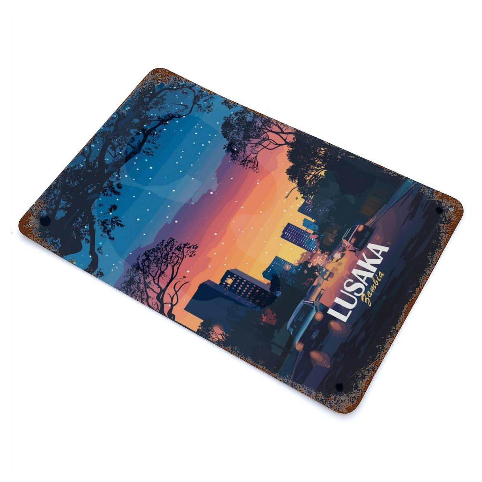 Lusaka Zambia Cityscape at Dusk Decorative Tin Sign 11.8"x7.9", Retro Wall Decor for Living Room, Hallway And Home Decor
