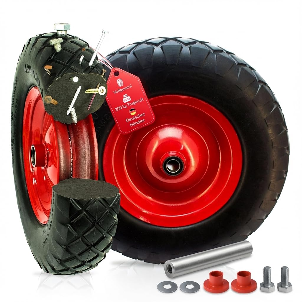 Schubkarrenrad Vollgummi 4.80/4.00-8 | PU Pannensicher | Universal Reifen für Schubkarre | Stahlfelge 200 kg Traglast | Laufruhig & Wartungsfrei | inkl. Achse & Schutzhülsen| Ersatzrad für Karren Wage