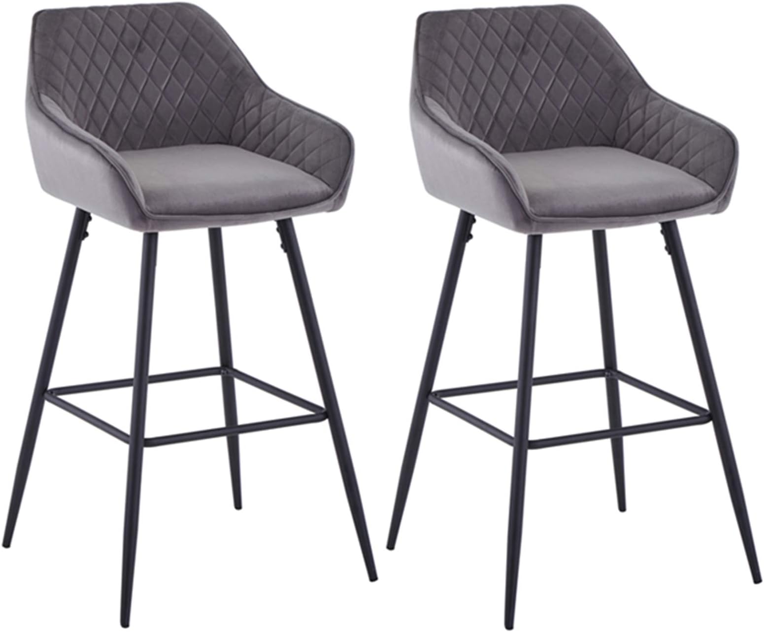 AINPECCA Bar stools Set of 2 Grey Velvet Fabric Upholstered Seat with Backrest & Armrest Black Metal Legs Counter Breakfast Chairs Kitchen