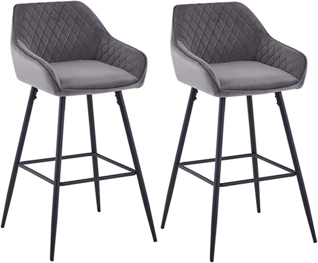 AINPECCA Bar stools Set of 2 Grey Velvet Fabric Upholstered Seat with Backrest & Armrest Black Metal Legs Counter Breakfast Chairs Kitchen