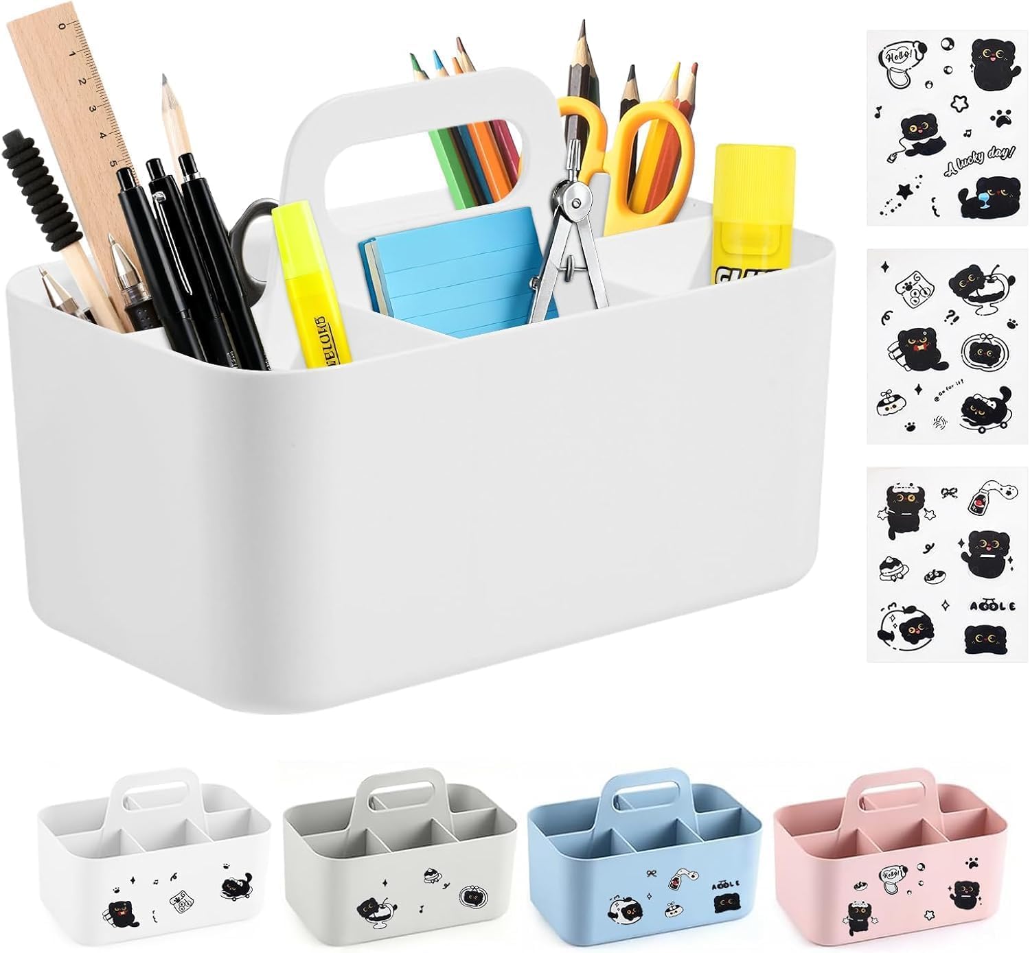 Caddy Organizer with Handle, 5 Slots Multipurpose Storage Caddy with 3 Cat Stickers, Stackable Storage Baskets Pen Art Storage Organiser for Bathroom, Office, Kitchen Cleaning (White, 25×15.4×17cm)