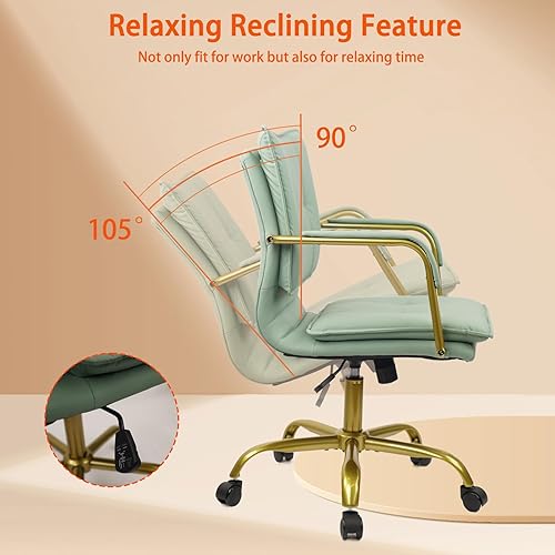Miniatura 6 de CLATINA Sillas de escritorio de cuero para oficina en casa, silla giratoria de respaldo medio con patas y brazos dorados, cómoda silla tapizada con