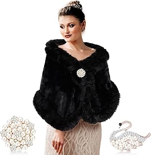 Faux Fur Shawl Wraps for Women with 2 Rhinestone Brooches Wedding Bridal Faux Fur Cape Stoles Coat Jacket