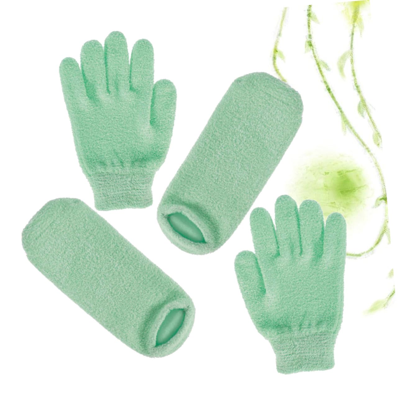Cabilock 2 pares Guantes de Gel Hidratantes Exfoliantes para Manos y Pies para Cuidado Spa Blanqueamiento y Suavidad de Cutículas y Durezas Pack con Guantes y Calcetines Verdes