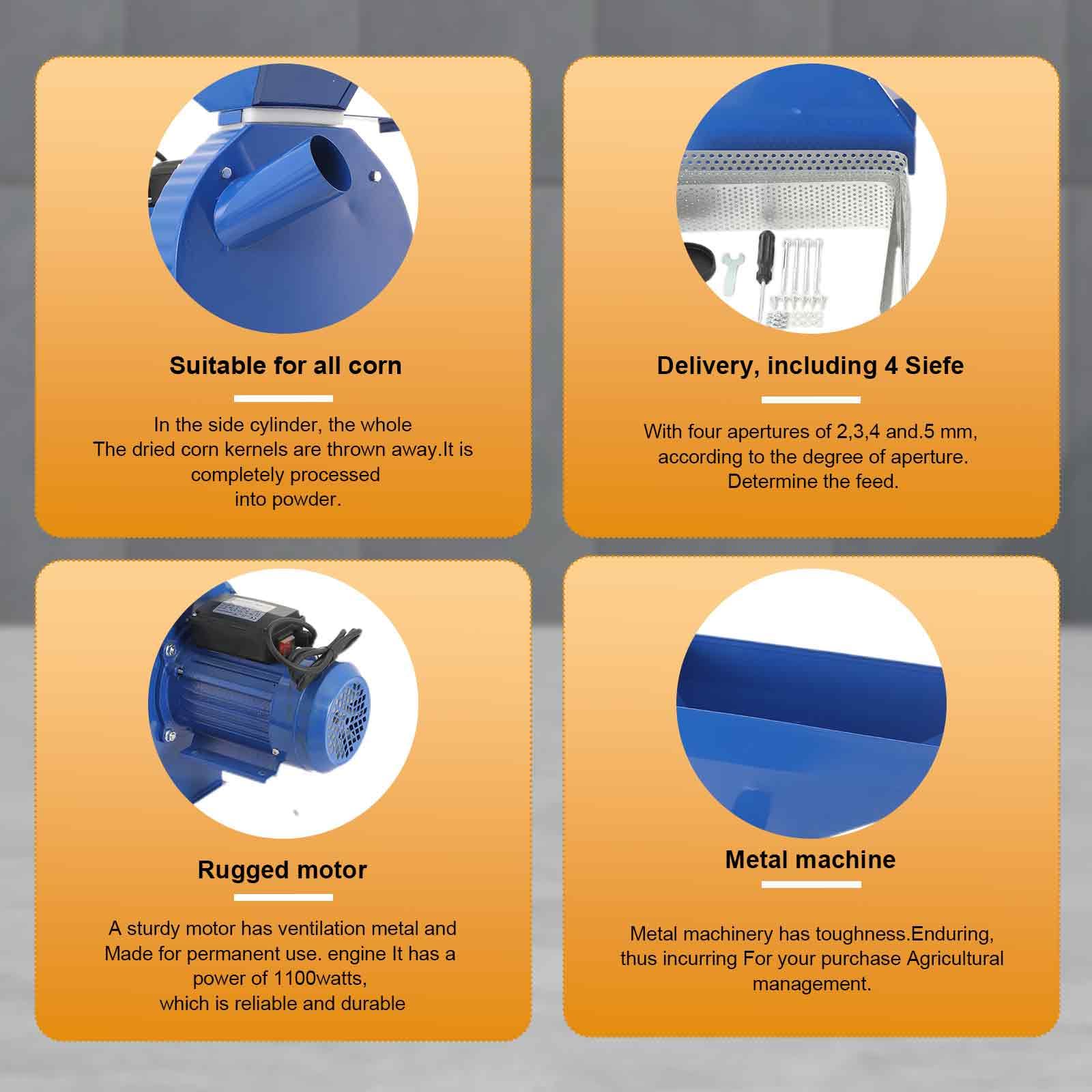 Molinillo de Grano Eléctrico 1000 W, Molino eléctrico de maíz, Molinillo de Especias Comercial, con 4 Cribas de Acero Inoxidable, para Moler Trigo, Maíz, Garbanzos, Café y Especias