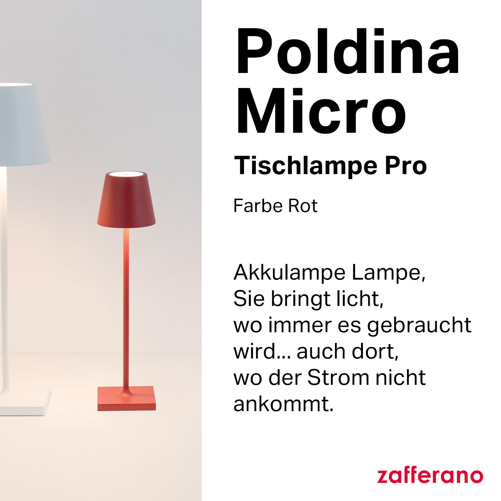Zafferano, Poldina Micro Lampe, Kabellose, Wiederaufladbare Tischlampe mit Touch Control, Geeignet für Wohnzimmer und Außenbereich, Dimmer, 2200-3000 K, Höhe 27,5 cm, Farbe Rot