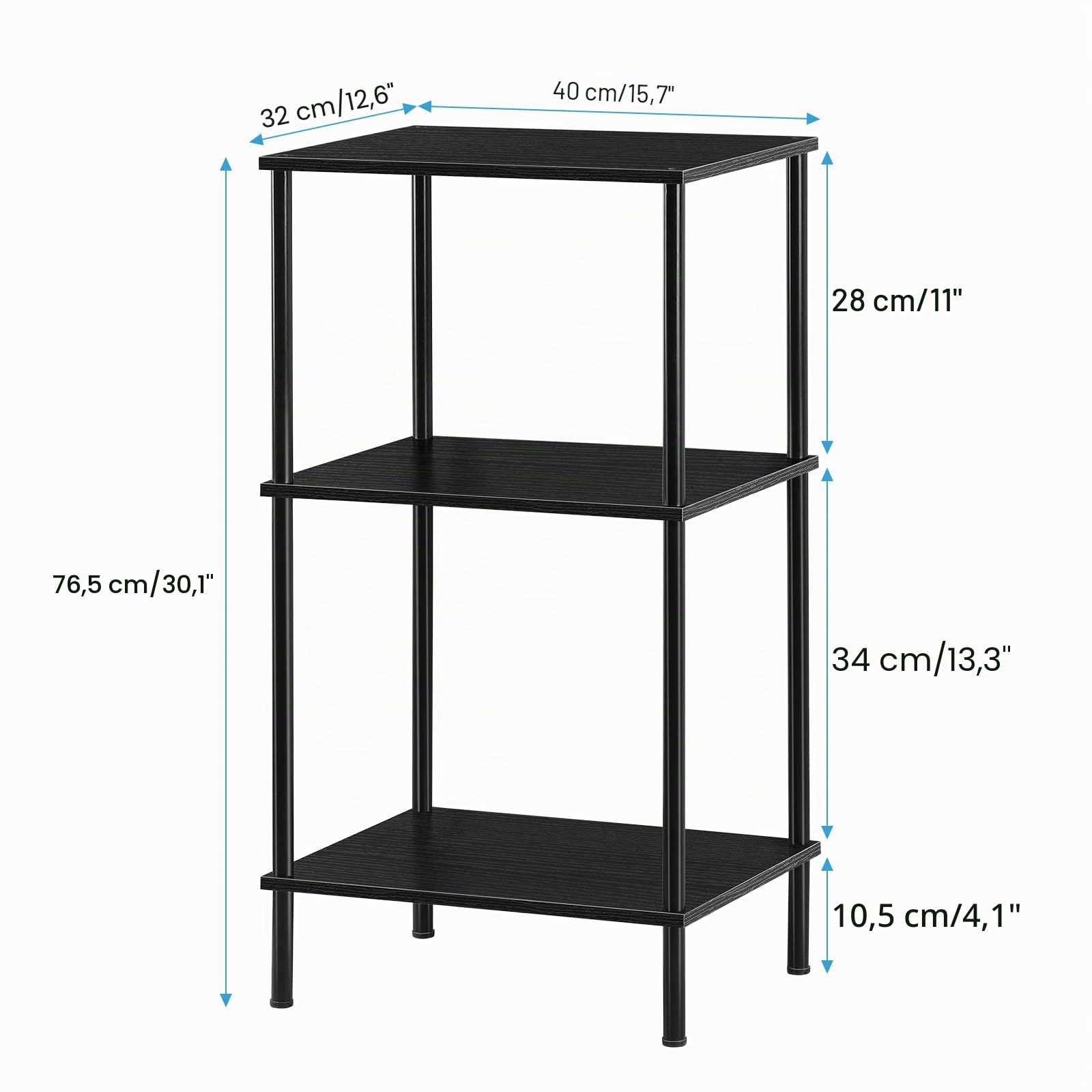 Tavolino alto per piccoli spazi, tavolo alto a 3 livelli con ripiani aperti per soggiorno, comodino industriale nero, tavolino alto, 40 × 32 × 76,5 cm