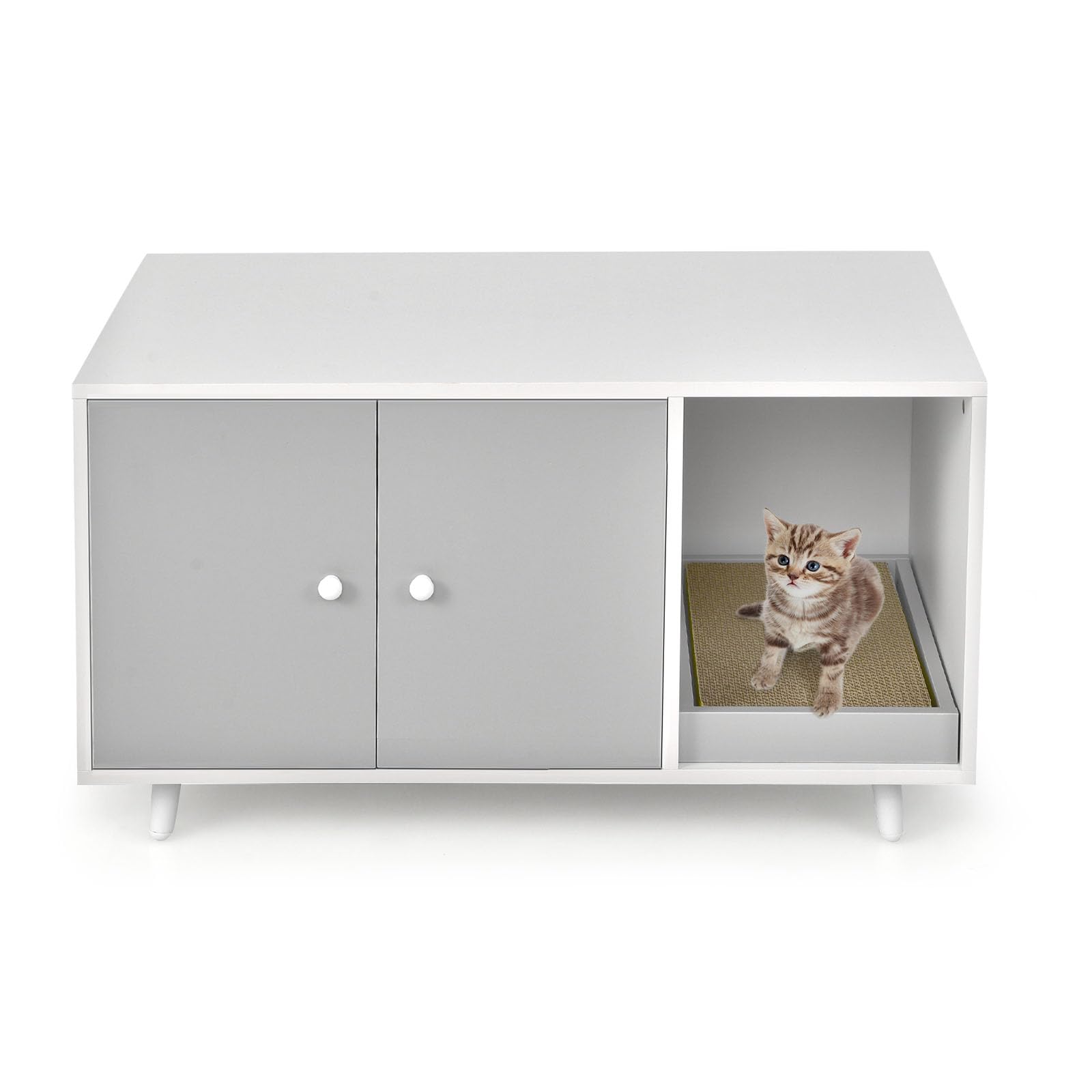 LIFEZEAL Armadietto per Gatti 2 in 1 Con Tavola Tiragraffi, Tavolino Con Casetta, 2 Ante e Gambe Sollevate, Lettiera, Marrone (Grigio)
