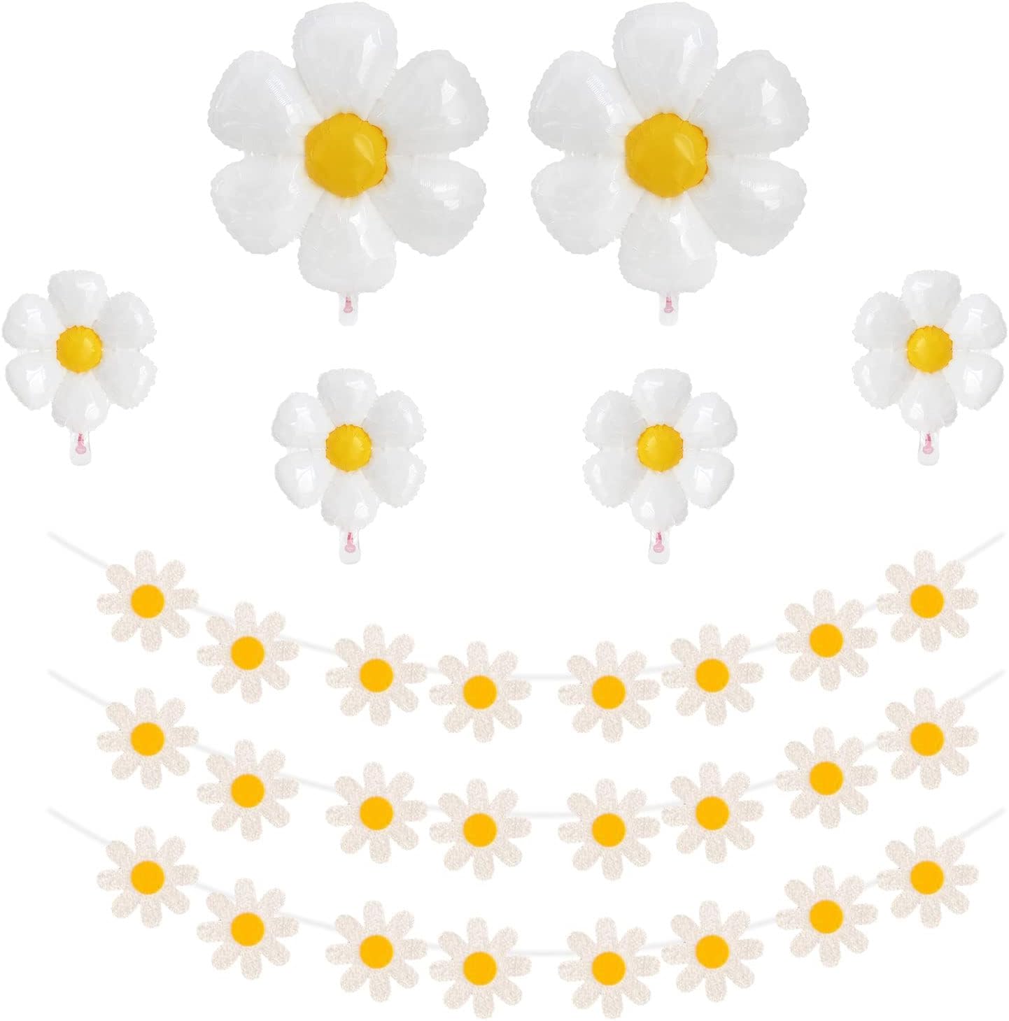 Daisy Garland Felt Flower Banner and Daisy Balloons Aluminum Foil Party Decorations Boho White Daisy Decor Indoor Outdoor Birthday Baby Shower Party Supplies for Wall Home Room (9 Pcs)
