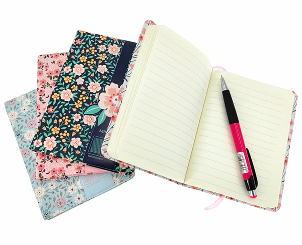 Alimitopia Paquete de 4 cuadernos de tapa dura, bolsillo rayado, cuaderno pequeño de tapa dura, cuaderno de notas, planificador de notas, tamaño A6 (5.7 x 4.1), 96 hojas, páginas rayadas (patrón