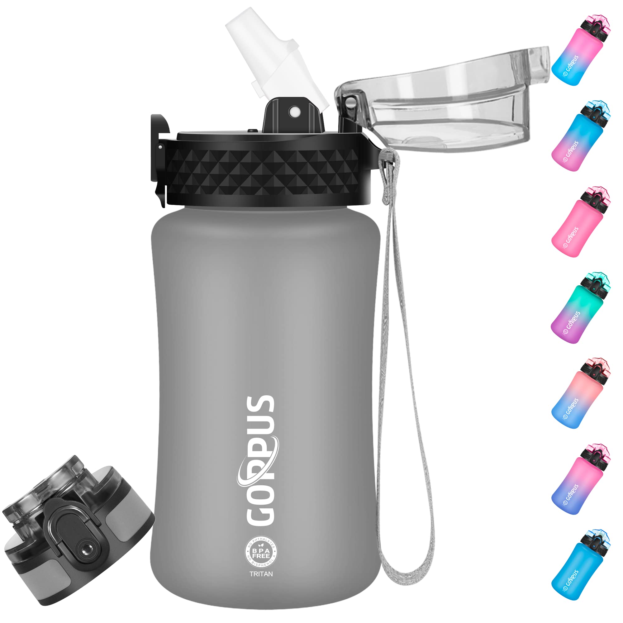 GOPPUSKids Water Bottle with Straw Spout Lid 10pcs Stickers 12 oz Leak-proof BPA Free Motivational Time Marker Tritan Plastic Water Bottles for Girls Boys School Sports