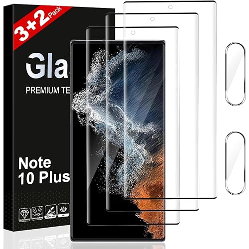 3+2 Pack Galaxy Note 10 Plus Glass Screen Protector with 2 Pack Camera Lens Protector, 3D Full Coverage Fingerprint Unlocking, 9H Tempered Glass Scratch Resistant, for Samsung Galaxy Note 10 Plus (6.8 Inch)