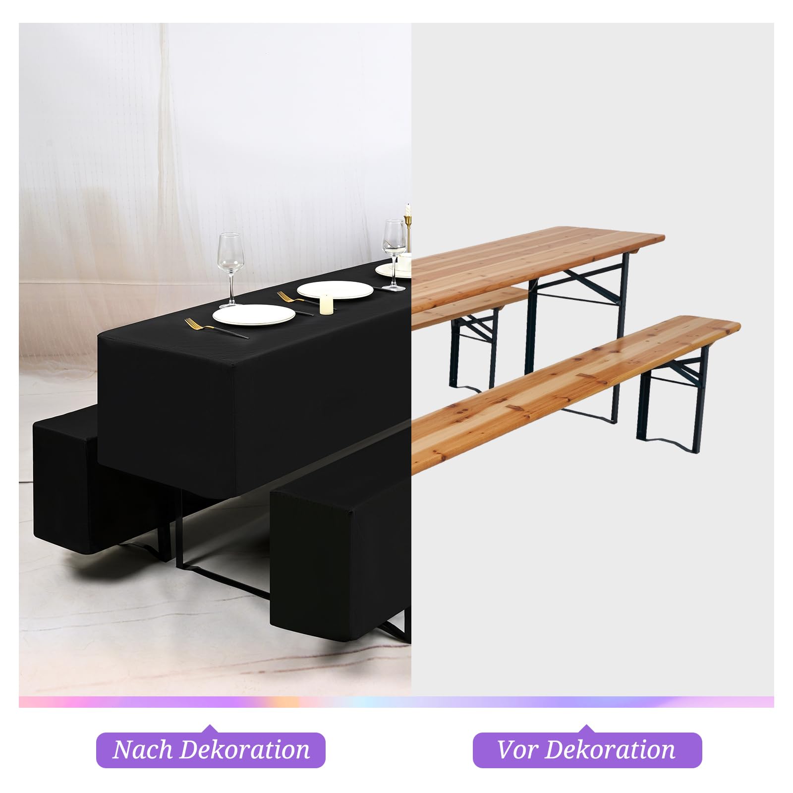 YMHPRIDE 2er-Set Biertischhussen, Schwarz Bierbankhusse und Tischdecken, 50 cm Tischbreite, Bierzeltgarnituren 220 x 50 x 35 cm für Gartenbankett-Gartenmöbel