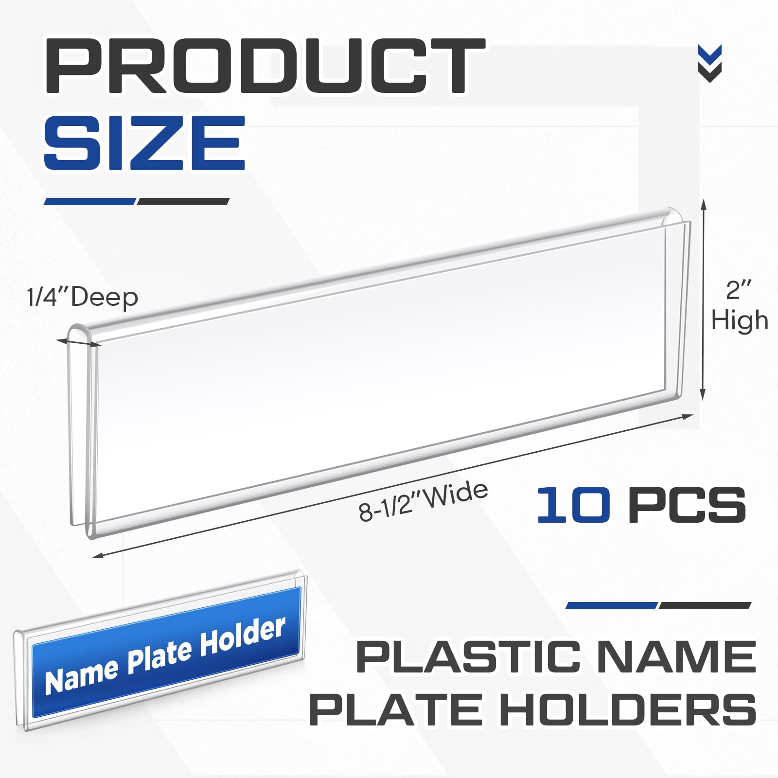 Wonderjune Namensschildhalter aus Kunststoff, 0,64 cm (1/4 Zoll), Glaswand-Namensschildhalter, 21,6 x 5,1 cm, transparentes Acryl, für Zuhause, Büro, Tisch, Konferenzen, Draht, Metalltür, 10 Stück