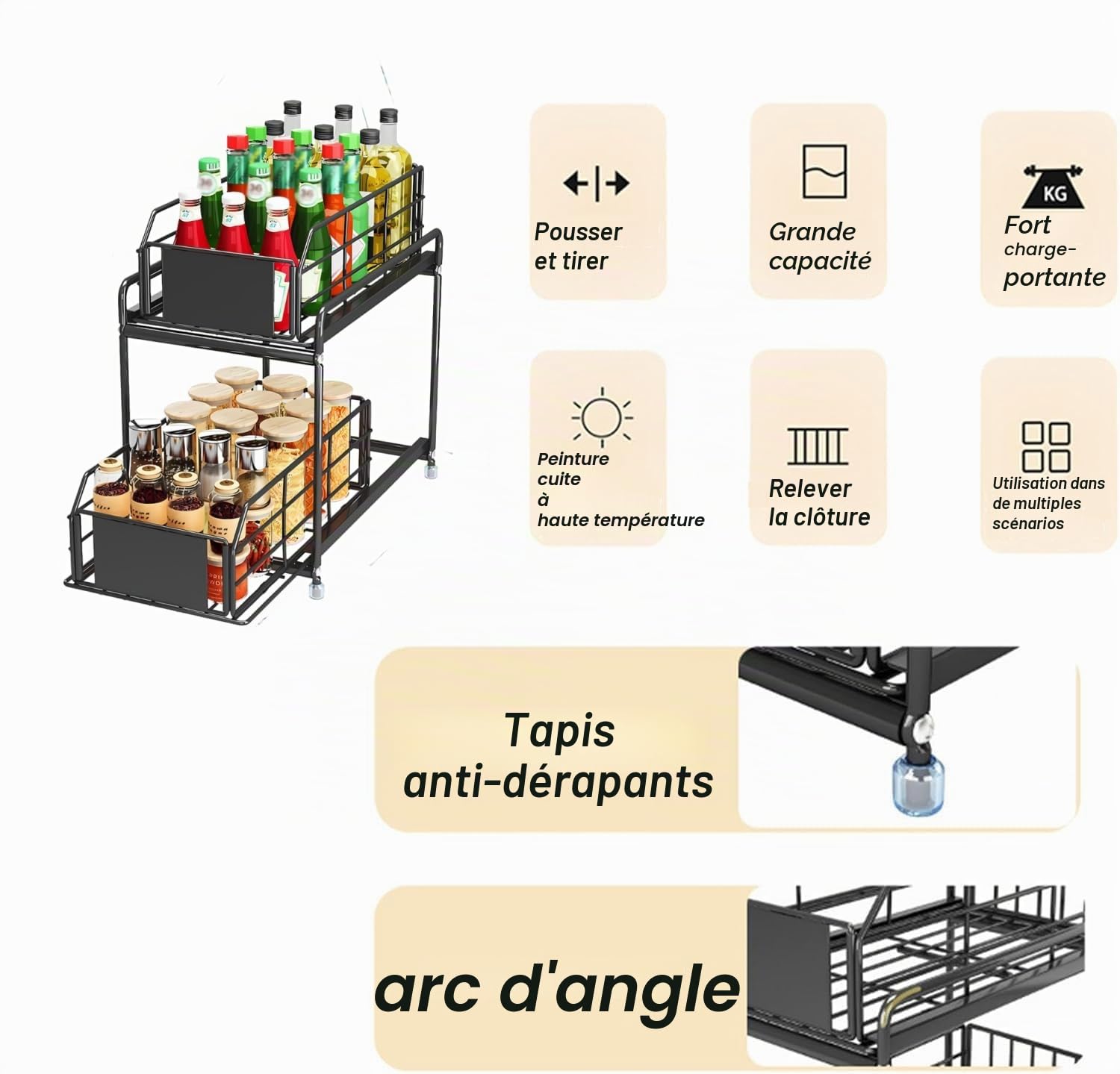SOONHUA Rangement sous Évier, 2 Niveaux Coulissant Organisateur Sous Evier, Rangement Produits Menagers pour Cuisine, Salle de Bain, Garde-Manger, Armoire de Rangement