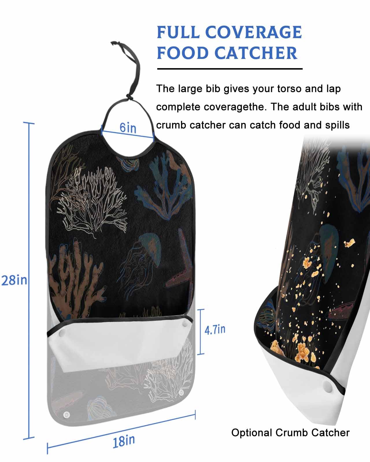 LEOKOTI Black Coral Coastal Adult Bibs for Eating, Waterproof Bibs with Food Catcher & Adjustable Snap Closure, Nautical Starfish Summer Beach Washable Clothing Protectors Adult Bibs for Elderly